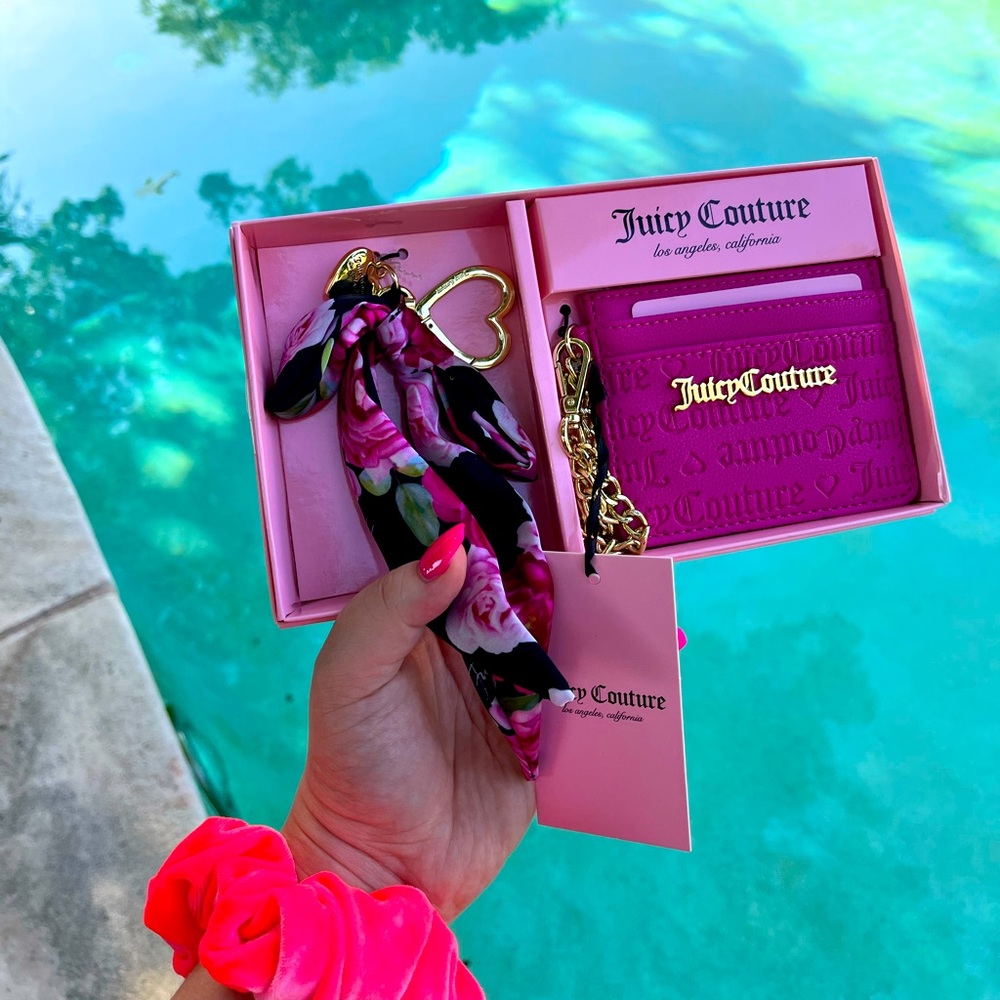 Juicy Couture mini wallet, chain and heart shaped carabiner. rose print silk bow
